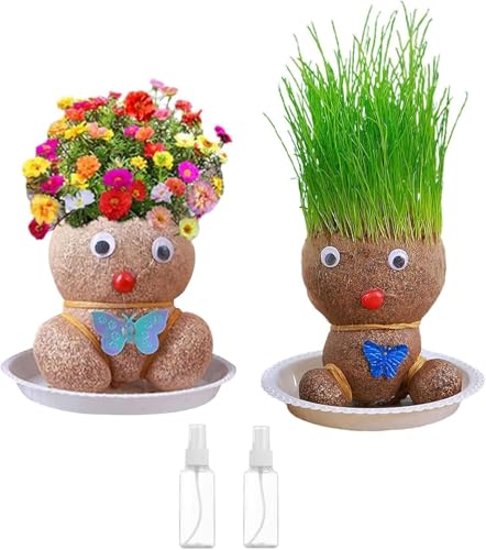 Cithway Grass Head Doll, Grass Head Plant Growing in Bonsai Pot, Grass Head Doll Plant with Trays & Spray Bottles,.Cultivate Children’s Planting Ability, Desktop Ornaments Decoration (e)