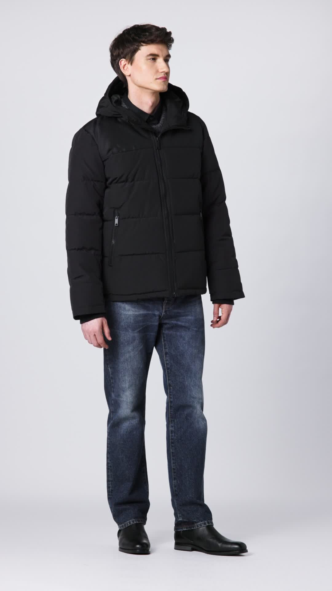 DKNY Men's Shawn Quilted Mixed Media Hooded Puffer Jacket, Black