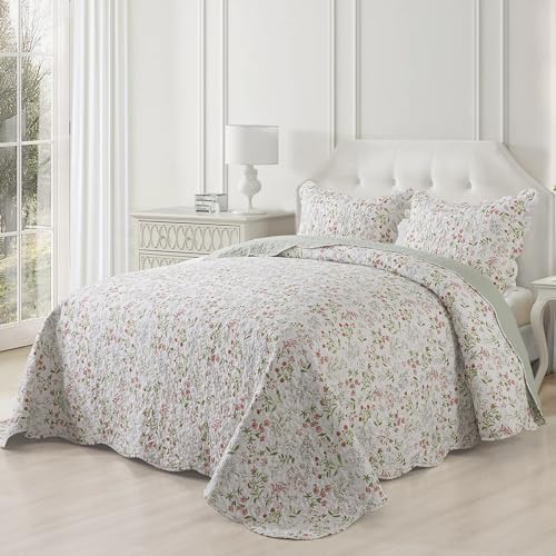 NEWLAKE Quilt Bedspread Sets - Blooming Classic Floral Pattern Reversible Coverlet Set, Queen Size