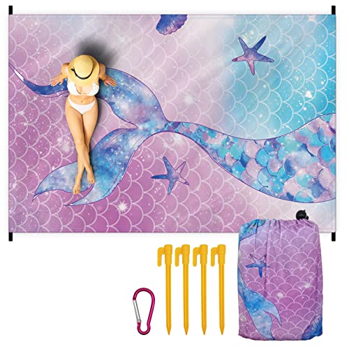 M-Sorflly Extra Large Beach Blanket Waterproof Sandproof, Mermaid Series Beach Blanket Mat 118" X 78" For 3-6 Adults, Premium Lightweight Polyester Picnic Mat For Outdoor Camping, Travel, Hiking #TOP2