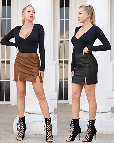 Image of MANGOPOP Women's Basic High Waist Faux Leather Bodycon Mini Pencil Skirt (A04 Brown, X-Large)