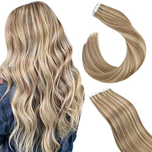 Ugeat Tape in Extensions Human Hair Highlighted 16Inch invisible Hair Extensions Human Hair Remy Tape in Hair Extensions 20PCS 50Gram Hair Extensions Brown with Blonde