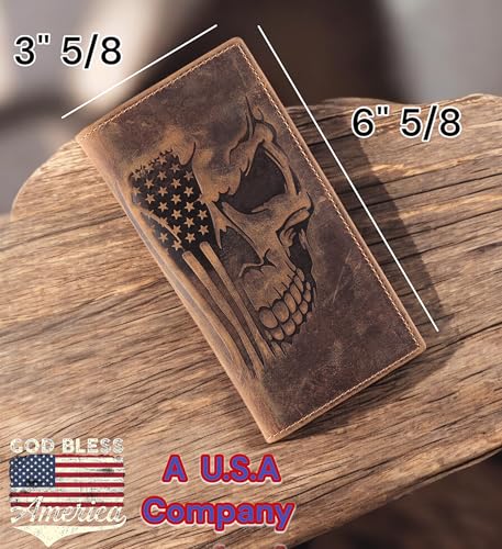 Image of F&L CLASSIC Men's RFID Vintage Look Genuine Leather Long Bifold Wallet Checkbook Wallets,brown flag skull,240-103