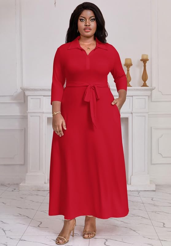 Maxi Dresses for Women Casual V Neck 3/4 Sleeve Long Church Dress Semi Formal Outfits with Pockets - Image 2
