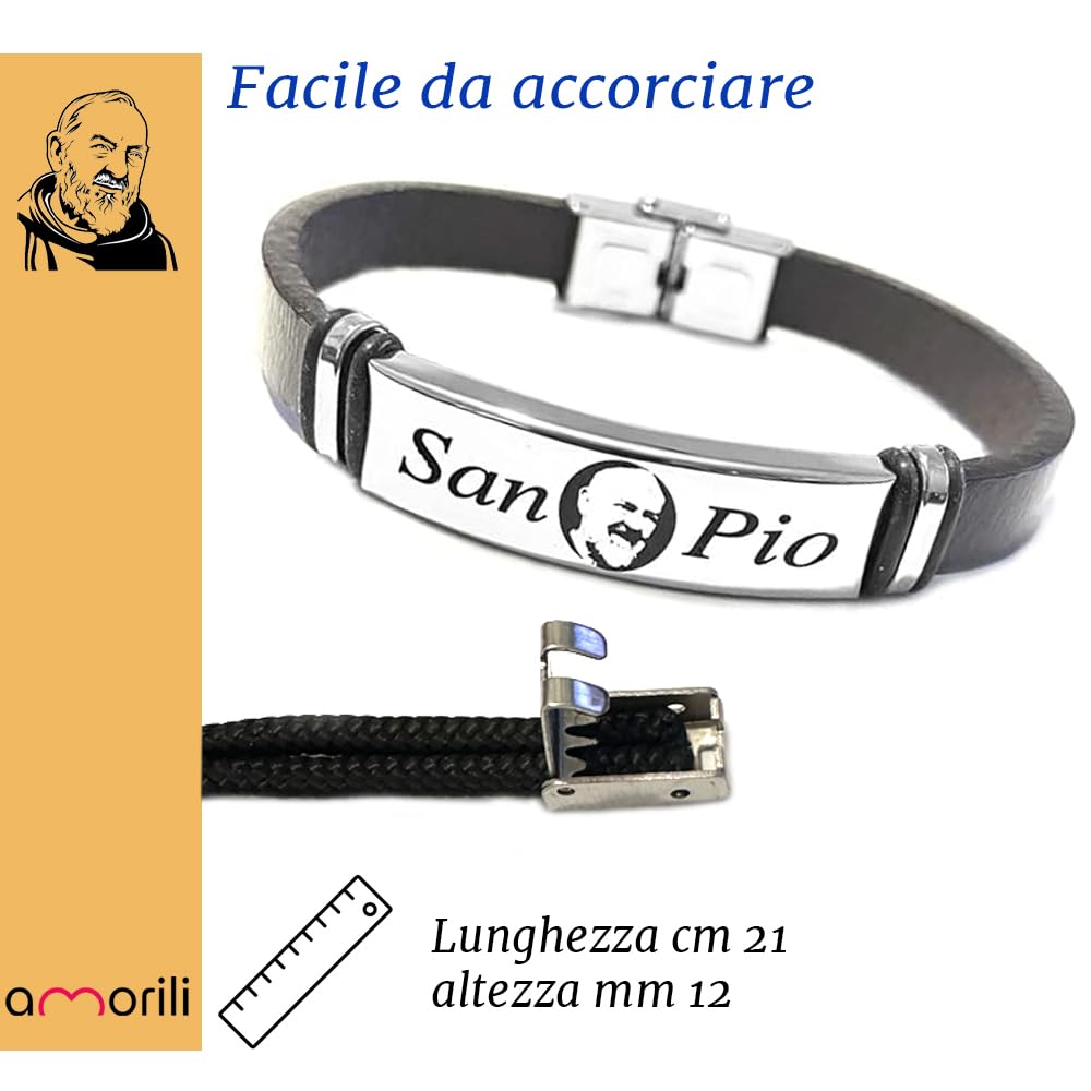 Bracciale San Padre Pio in Pelle e Acciaio Inox | Gioiello Religioso di Fede e Protezione | Braccialetto Uomo Donna Elegante e Resistente | Idea Regalo Spirituale bcc0323