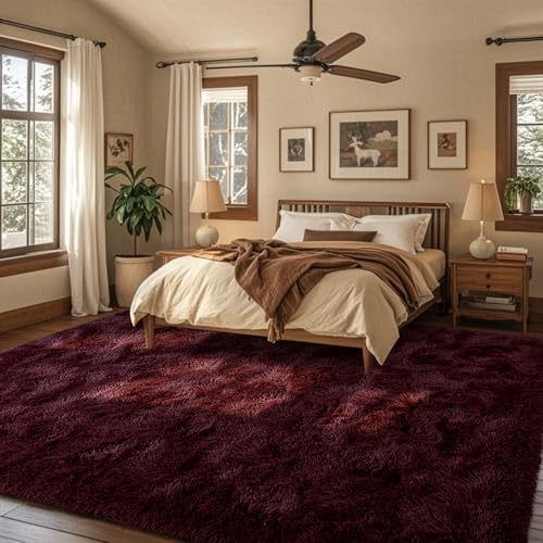8x10 Area Rugs for Living Room Red Shag Fur Rug, Modern Non-Slip Soft Plush Carpets for Girls Woman Female Wedding Bedroom Home Décor Aesthetic Dark