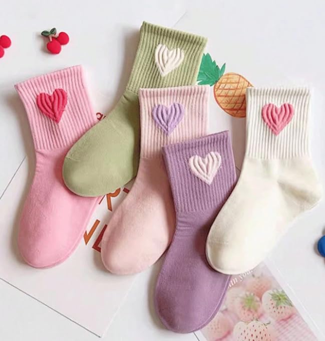 5 Pairs Girls Heart Pattern Socks, Pink Purple Green, Knitted Fabric, Autumn Spring Socks For Children Aged 3-164