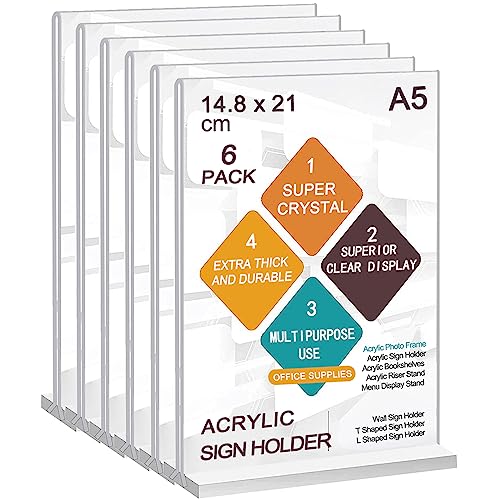 ROSSHINE A5 Acrylic Sign Holder, 6pack T-Shape Double-Side A5 Perspex Display Stand, Clear Poster Menu Holders for Office Shop Restaurant School