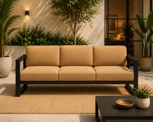 Image of Modern 3-Seater Sofa with Beige Cushions & Black Metal Frame Set Upon a Sturdy Black Metal Geometric Base Frame.