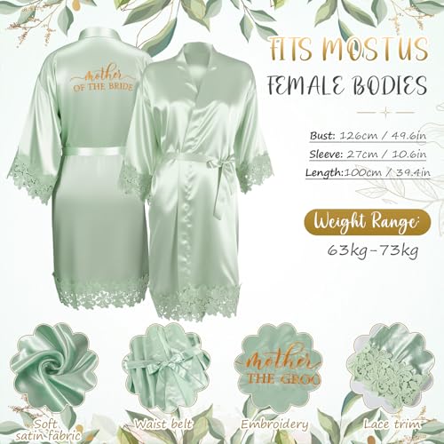 Image of Hushee 12 Pcs Mother of the Bride Groom Gift Set: Satin Robes for Women Tote Bags Makeup Bags 16oz Glass with Straws Handkerchiefs Mirrors for Mom Bridal Shower Wedding Gifts(Sage Green,Leaves)