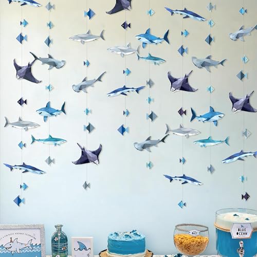 Image of Cheerland Shark Garland Shark Week Party Decorations Hanging Under the Sea Animals Geometric Ocean Theme Nautical Fish Birthday Decor Summer Fish Streamers Sea Creature Theme Backdrop Pack of 6