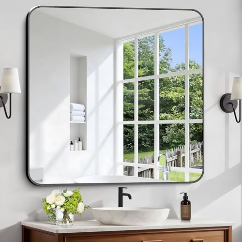 Image of Black Bathroom Mirror, 38x40 inch Aluminum Metal Frame Rectangular Vanity Mirror, Large Wall Mounted Rectangle Mirrors with Rounded Corner for Over Sink Bedroom Living Room Horizontal /Vertical