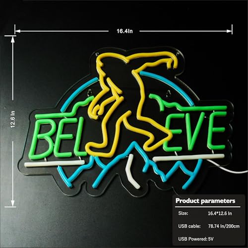 Image of Sasquatch Believe Neon Sign for Wall Decor, Bigfoot Neon Signs LED Lights for Kids Room Decor Bar Game Room Man Cave Gift, USB Powered