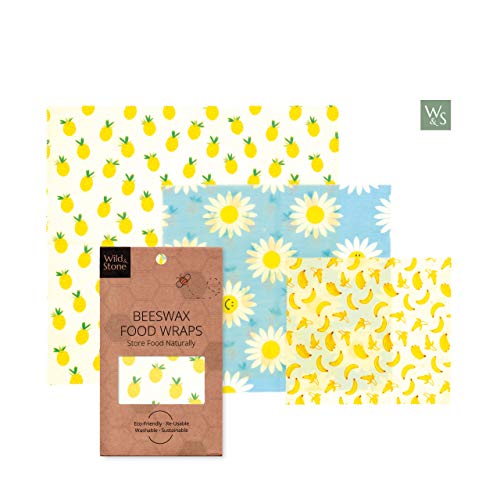 Organic Beeswax Food and Sandwich Wraps by Wild & Stone | Natural & Reusable | Environmentally Friendly & Sustainable Alternative to Plastic Wrap | Set of 3 Small, Medium and Large | Fruit & Flower
