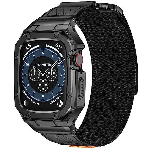 Image of BAITEYOU Band with Case Compatible with Apple Watch Band Series 6 5 4 SE 3 2 1 44mm 42mm, Nylon Strap with Stainless Steel Metal Rugged Case Cover for iwatch Bands for Men