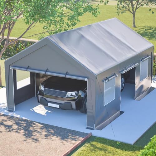 Mixtric Garage pour Tente Toutes Saisons avec Bâche Latérale Imperméable Portes-Fenêtres Enroulables Protection UV pour Le Rangement De La Voiture Et du Jardin avec Fenêtres,Gris,6x4x3M