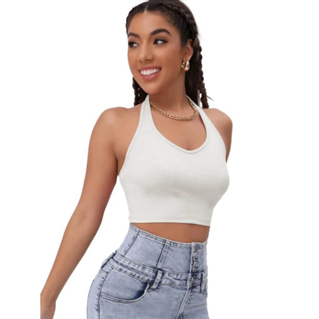 Solid Halter Neck Sleeveless Stylish Western Ribbed Crop Tank Top for Women-image-16