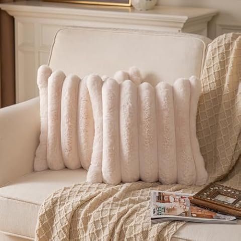 Yaertun Beige Striped Decorative Throw Pillow Covers 16x16 Inch Set of 2 Plush Soft Pillowcase with Velvet Back Faux Rabbit Fur Cushion Covers Sofa Couch Bed Livingroom Cover