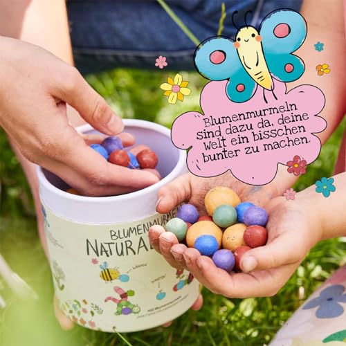 100 bunte Blumenmurmeln Mein Naturabenteuer | handgerollte, farbenfrohe Samenbomben | Perfekt zum Kindergeburtstag | Geschenk für Kinder | 100% ökologisch & mind. 2 J. haltbar