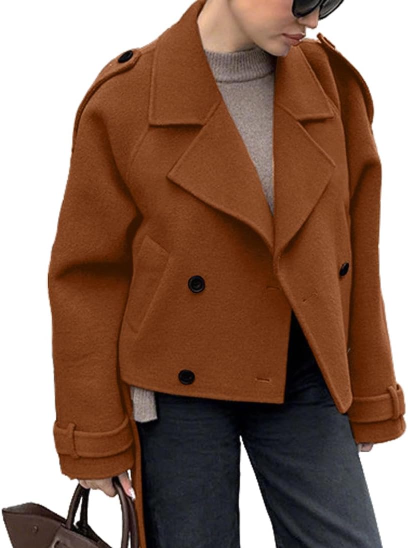 CHARTOU Women Crop Wool Pea Coat Lapel Collar Office Work Short Winter Jacket Trench Coat