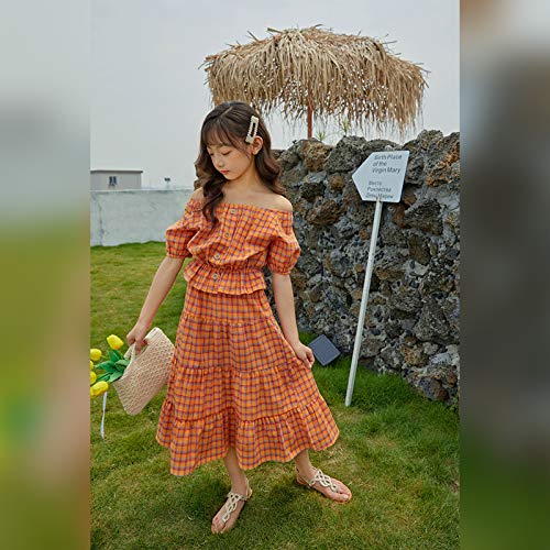 Amropi Girl'S Off Shoulder Crop Tops Long Skirt Plaid Clothes Set Short Sleeve Summer Outfit thumb #5