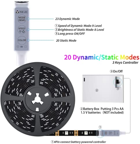 Ehomful Battery Powered Led Strip Lights 13.2Ft,Rgb Color Changing Flexible Battery Operated Led Lights With 3 Keys Controller For Bedroom, Desk, Home, Room, Tv Camping And Diy Decoration #TOP1