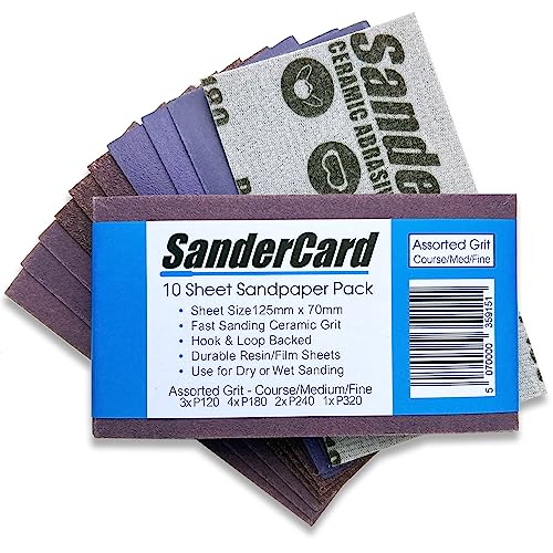 10 Assorted Grit Sandpaper Sheets 125mm x 70mm | Fast Sanding Ceramic Grit | Felt-backed fits Sanding Blocks | Sands Wood, Paint & Metal | Dry or Wet | Fine, Med & Course Grits P120/ P180/ P240/ P320