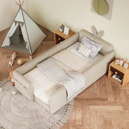 Image of Twin Size Bed Frame for Kids, Upholstered Daybed Frame Floor Bed with Safety Rails and Storage Pocket Cute Rabbit Ear Shaped Headboard for Kids Teens Boys Girls, Camel