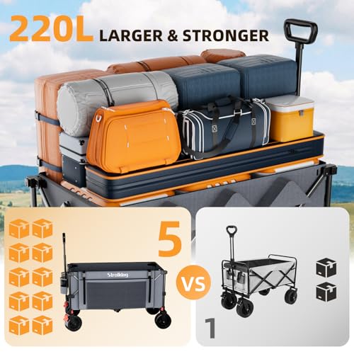 Image of 220L Collapsible Wagon Cart, 39 inch L Extended Frame and 440Lbs Heavy Duty, Lightweight 15lbs Folding Garden Cart with Silent All-Terrain Wheels for Beach, Camping Grass and Grocery, Grey