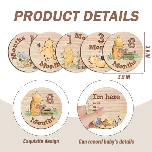 Image of 7Pcs Baby Monthly Milestone Circles, Winnie Baby Stuff, Double-Sided Printing Months Baby Milestone Wooden Keepsake, Milestone Wooden Circles Stuff for for Documenting Growth