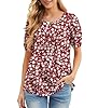 GRECERELLE Womens Summer Tops Casual Dressy Soft Short Sleeve Tunic Front Pleated Spring Crew Neck Tees T-Shirts Loose Blouse for Ladies (Red Sunflower, XL) #4