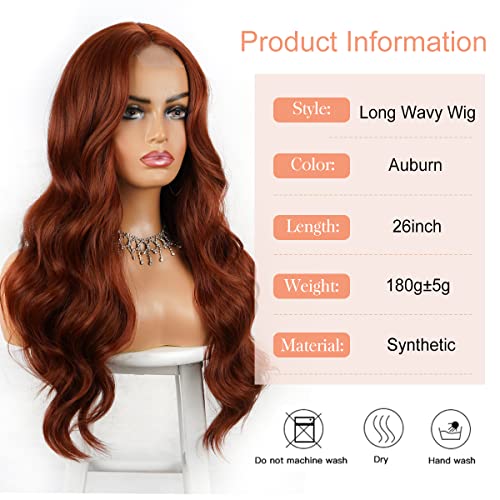 Halcyon Long Copper Red Auburn Wig For Black Women 26 Inch Wavy Wig Natural Looking Synthetic Middle Part Curly Wavy Wig For Daily Party Use Heat Resistant Fiber Wig #TOP2