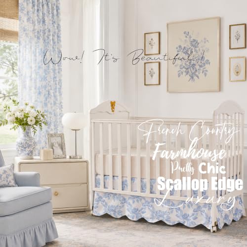 Image of Brandream Scallop Edge Organic Cotton Crib Skirt Girls Toddler Bedskirt Baby Nursery Crib Bed Skirt French Vintage Cottagecore Rose Flowers Bows Neutral Light Blue Farmhouse Chic Boho Bohemian Skirt