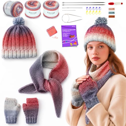 Kitcroet Knitting Kit for Beginners Complete Learn to Knit Starter Kit with Scarf Hat & Gloves Video Tutorials & Written Instructions 25% Extra Yarn Knitting Set for Beginners Amethyst Ombre