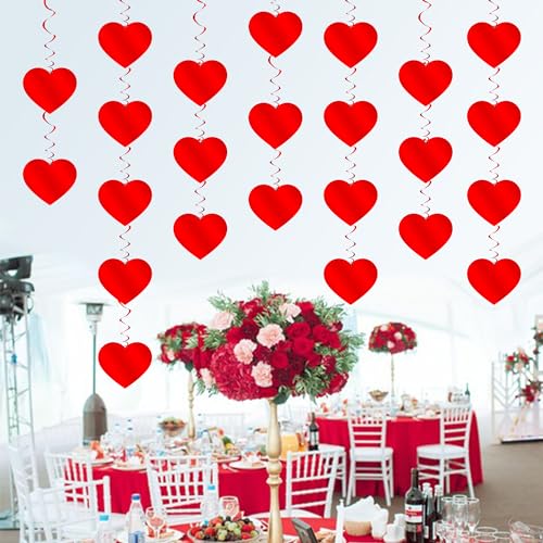 Image of PartyGarden Red Hanging Heart Party Decorations - 24 Pcs Pre-Assembled Ceiling Hanging Swirls for Valentines Day, Galentines Day
