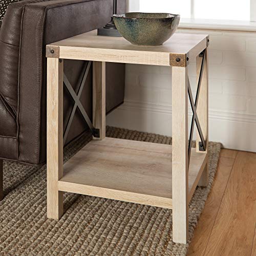 Walker Edison Alayna Mission Style Two Tier Coffee Table With Rattan Storage Baskets, 40 Inch, White & Sedalia Modern Farmhouse Metal X Side Table, 18 Inch, White Oak #TOP4