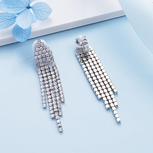 SELOVO Bridesmaid Wedding Paty Tassel Rhinestone Clip On Drop Dangling Earrings Silver Tone (2.2inch -Triangle)3