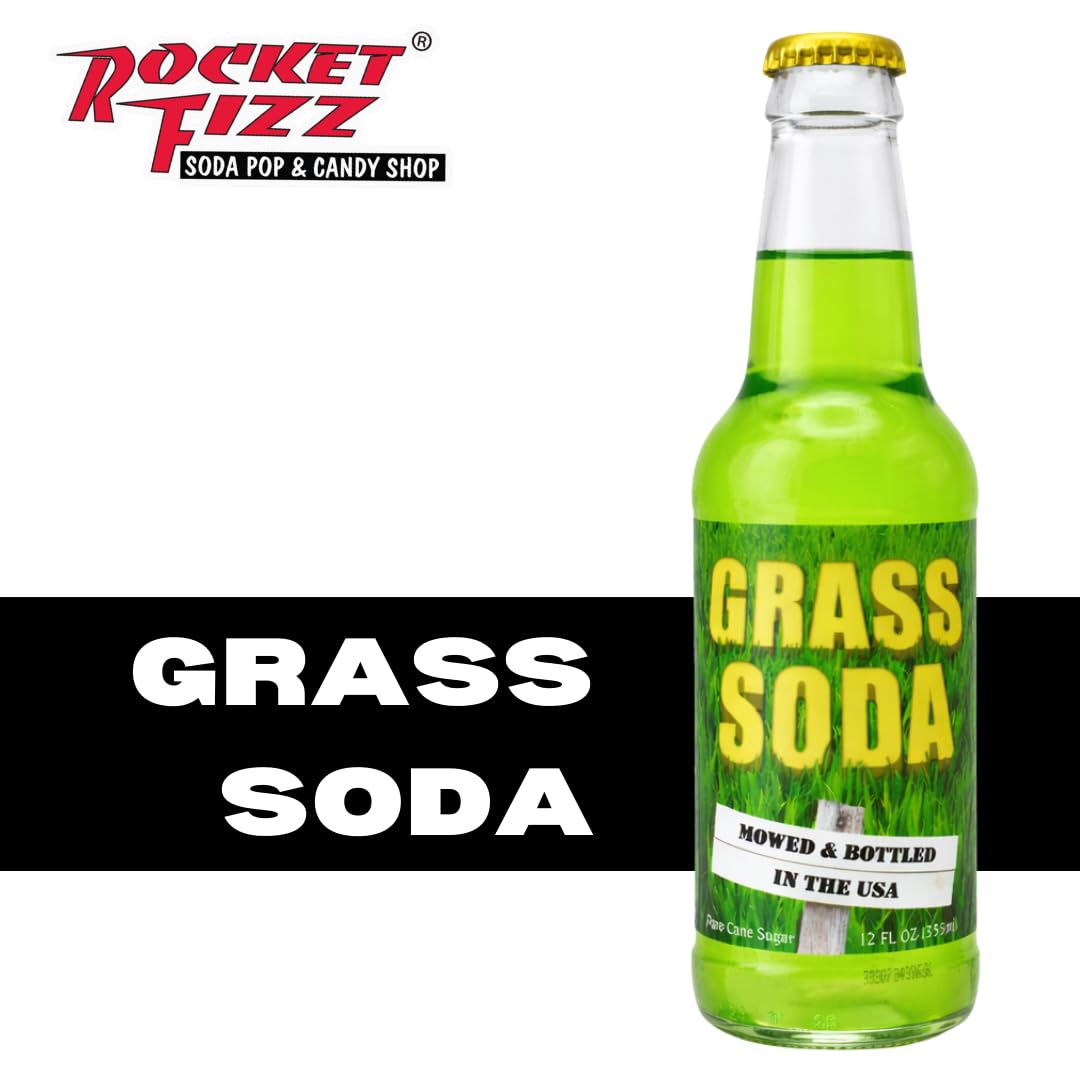 Rocket Fizz Grass Soda Flavor | Cane Sugar | Craft Soda Pop Drinks | 12 oz in Glass Bottle (3 Pack)