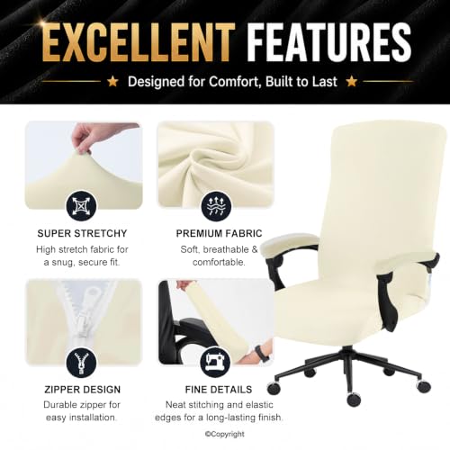 Image of DIVA EN CAMINO DEC Stretch Computer Office Chair Cover with Armrest Covers Durable Zipper Universal Spandex Rotating Boss Chair Slipcovers Anti-dust Soft Desk Chair Seat Protector, Cream