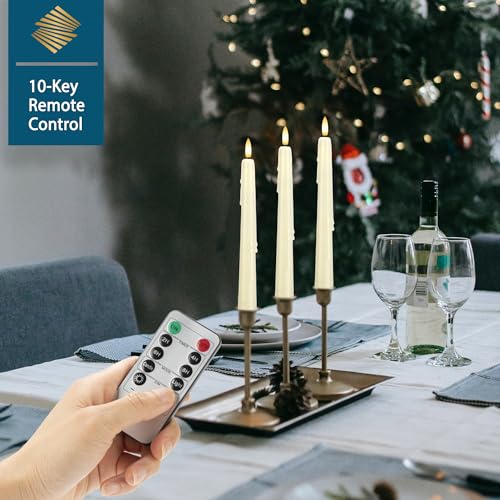 Image of Dripless Real Wax Flameless Taper Candles with Remote Timer,Battery Operated LED Candles Set with 3D Flickering Flame,9.6 inch Realistic Dripless Candlesticks for Wedding Home Decor,6 Pack Ivory