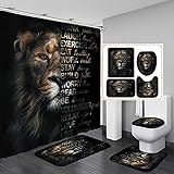 SKAILIÉ 4PCS Majestic Brown Lion Shower Curtain Set, Inspirational Quotes Safari Wildlife African Wild Animal Bathroom Decor, Fabric Black Shower Curtain, Non-Slip Bath Mat Toilet Rug, Live Love Laugh