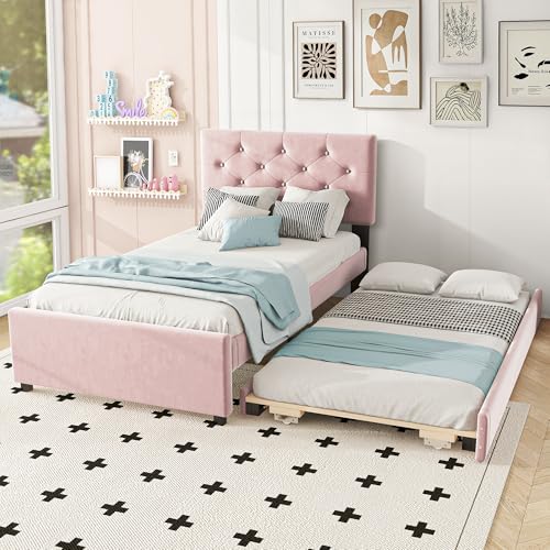 Wyibwy Letto imbottito 90 x 200 cm,letto singolo con a scomparsa,con letto estraibile,Letto con rete a doghe (senza materasso),tessuto in velluto,per bambini e ospiti,minimalista,Rosa