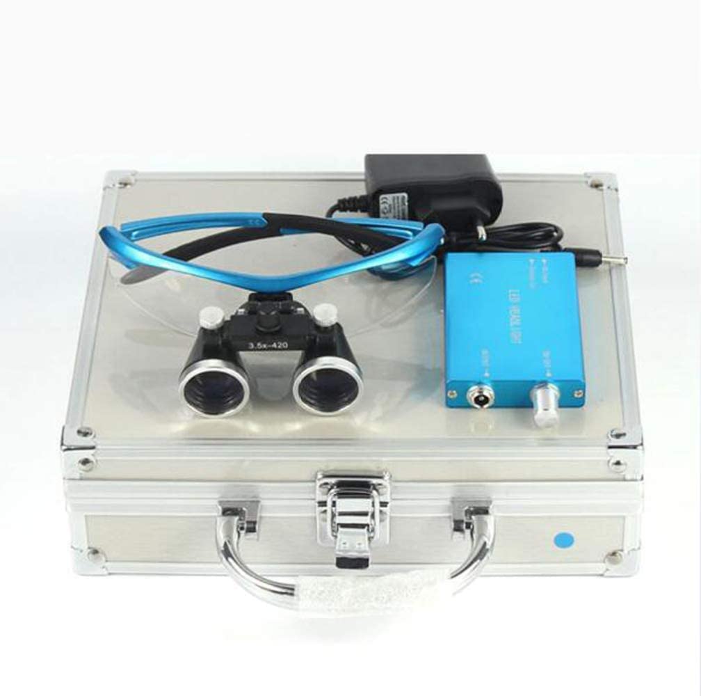 Lupa, lupas dentales 3.5X, Gafas quirúrgicas para médico con luz LED, Gafas binoculares con Lupa para Dentista con práctico Estuche de Transporte, Color Azul.