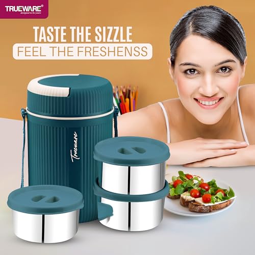 Image of Trueware GRUB 3 Double Wall Insulated Hot Lunch Box with 3 SS Container 300 ML Each | Bpa Free | Food Grade | Hot and Fresh Many Hours (Blue) (LBI-GRB-003-Blue BAZ)