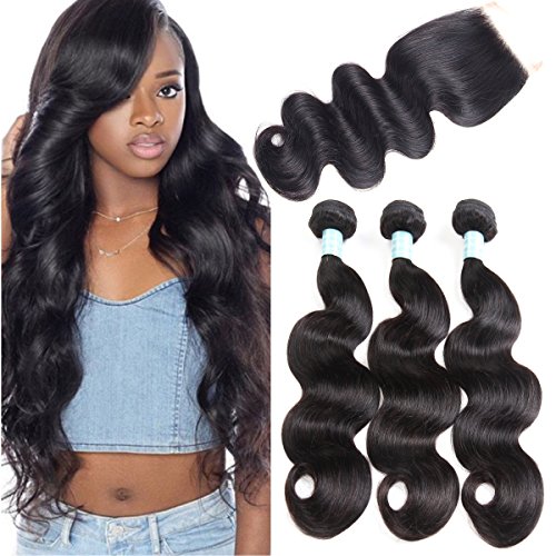Siji Mei Brazilian Body Wave With Closure 100% Unprocessed Virgin Human Hair 3 Bundles With Closure Natural Black Color Weave And 4x4 Inch Lace Closure (20 20 20 with 18, Free Part)