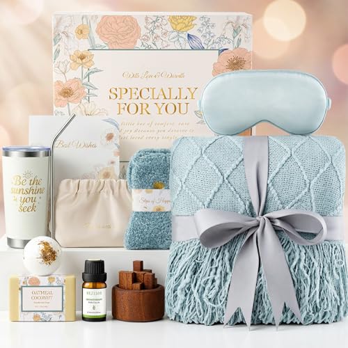 Mothers Day Birthday Gifts for Women, Get Well Gift Baskets for Women, Care Package Self Care Gift Box Thinking of You Inspirational Valentines Day Gift Set for her Wife Firends, Lake Blue