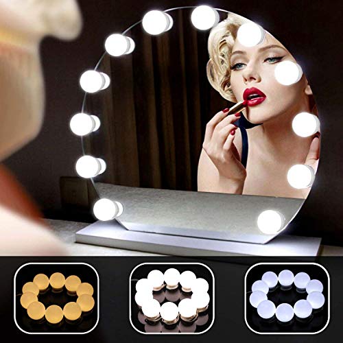 Hollywood Style LED Vanity Mirror Lights Kit, 10 Dimmable Bulbs with 3 Color Lighting Modes Makeup Mirror Lighting Fixture and Memory Function for Vanity Table Set, Bathroom Dressing Room