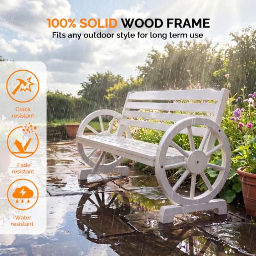 Image of VINGLI Rustic Wooden Wheel Bench Outdoor Bench, Patio Bench Wagon Slatted Seat, Garden Benches for Outdoors 350lbs High Capacity, Weather Resistance (White, 55in)