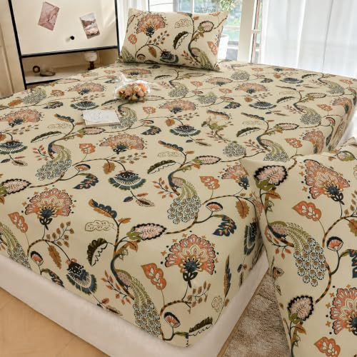 Image of VOMZER 300 TC Cotton Feel Glace Cotton All Around Elastic Fitted Printed Queen Size Double Bed Bedsheet with 2 Pillow Cover(60 inchx78 inch, Beige Anokhi)