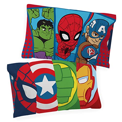 Jay Franco Marvel Super Hero Adventures Double Team 2 Pack Pillowcase - Double-Sided Kids Super Soft Bedding Features Captain America, Hulk, Iron Man, & Spiderman